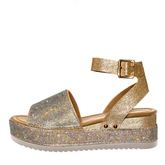 NEW Sparkling Rainbow Rhinestone Open Toe Sandals Flat Platform Heel Ankle Strap - Picture 6 of 11